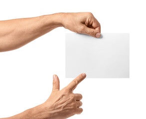 Obraz premium Male hands with blank paper on white background