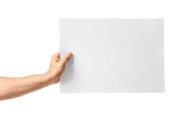 Obraz premium Male hand with blank paper on white background