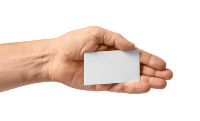 Male hand with blank business card on white background