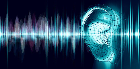 Audio and sound equalizer digital computer concept.3d illustration.Hearing test showing ear and sound waves.