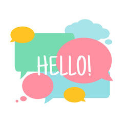 'Hello' hand lettering. Fun doodle style calligraphic headline in colours speech bubbles.