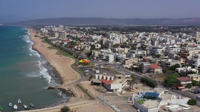 Aerial view of the city of Nahariyya with empty streets and roads during Corona Virus second lockdown
