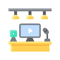 live and streaming related computer screen with table and lights vector in flat style,