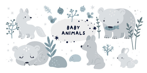 Baby animals and forest plants collection. Set with cute forest animals: bear, rabbit, wolf, arctic fox. Childish vector illustration isolated on white background