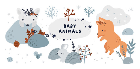 Forest animals and plants collection. Set with cute baby animals: hare, rabbit, bunny, wolf, arctic fox, fox. Childish vector illustration in scandinavian style isolated on white background © happydesign