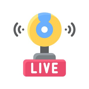 live and streaming related video call camera with written text vector in flat style,