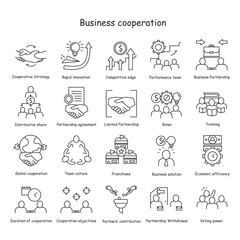 Business cooperation line icons set. Elements of business relationships. Business partnership. Teamwork. Business technologies and relations concept. Isolated vector illustrations. Editable stroke 