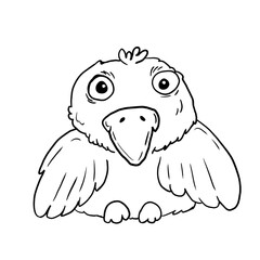 black and white coloring illustration image of a square crow bird with wings and big eyes isolated on a white background ,animals for prints , postcards, textures, fabrics. sites, decor, design
