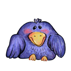illustration image of a square purple crow bird with wings and small eyes with a yellow beak isolated on a white background ,animals for prints , postcards, textures, fabrics. sites, decor, design