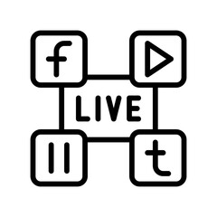 live and streaming related play button, facebook,with twitter and written text vector in lineal style,