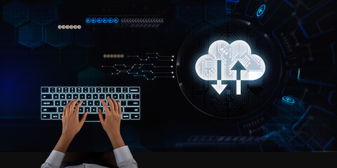 Business woman works on touch screen about cloud system