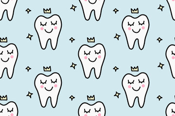 Cute cartoon tooth with a crown. Concept of care for the oral cavity, dentistry. Hand drawn doodle seamless pattern. For your fabric, textile design, wrapping paper or wallpaper.