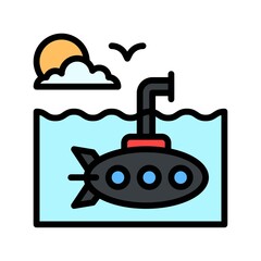 ocean related submarine or ship with water waves, birds, and sun vector with editable stroke