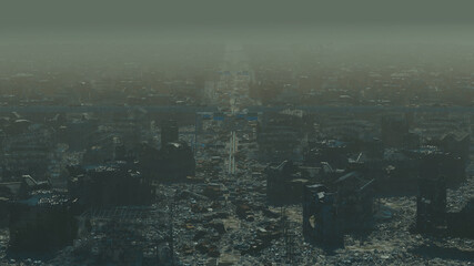 Apocalypse survivor concept, Ruins of a city. Apocalyptic wasteland landscape 3d render