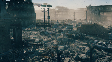 Apocalypse survivor concept, Ruins of a city. Apocalyptic wasteland landscape 3d render