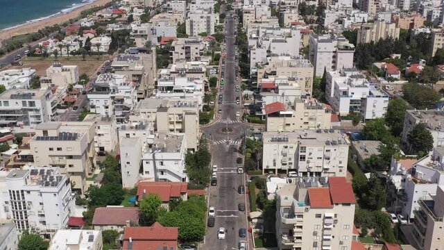 Aerial view of the city of Nahariyya with empty streets and roads during Corona Virus second lockdown
