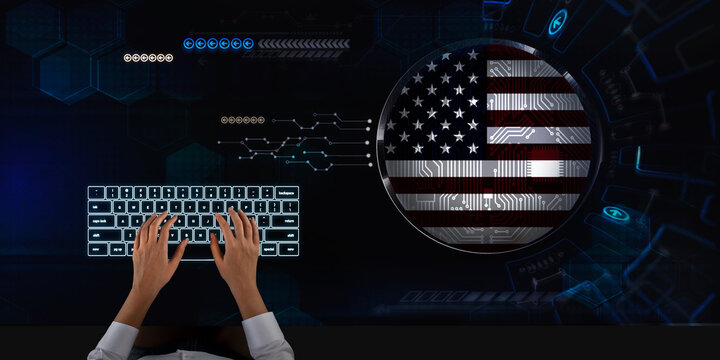 Business woman works on touch screen about USA