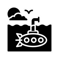 ocean related submarine or ship with water waves, birds, and sun vector in solid design,