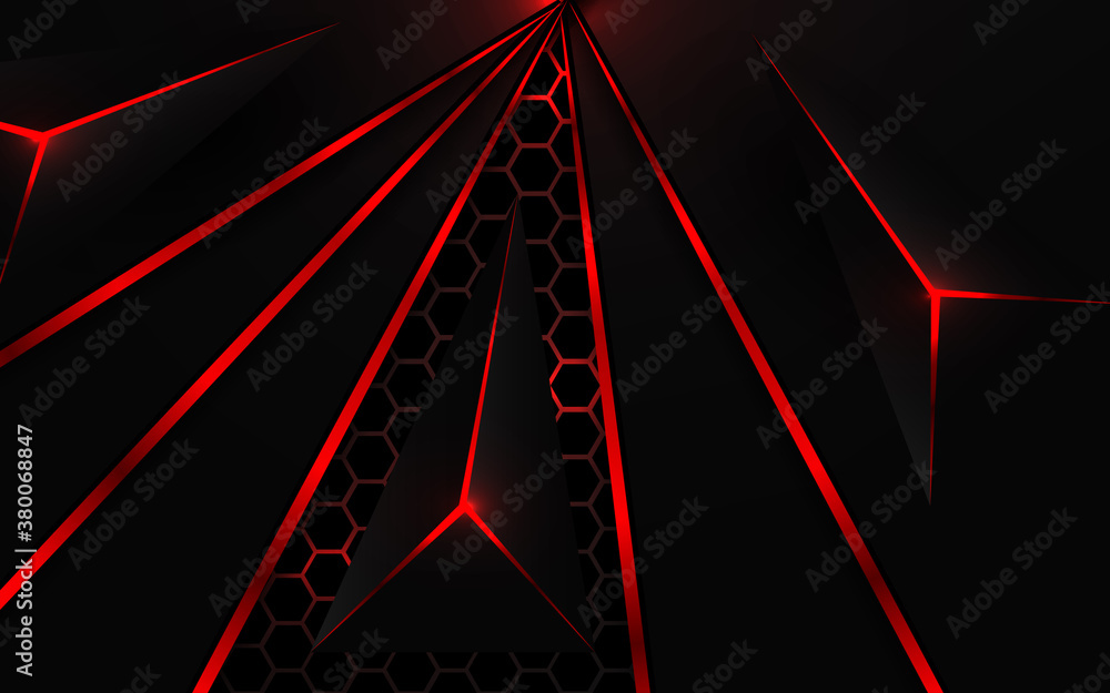 Poster abstract technology background with red and black metal texture on hexagon shape composition. futuri