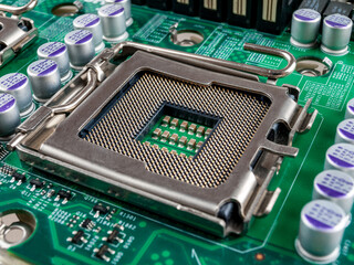contacts for connecting the CPU on the motherboard to the processor socket, close-up macro,...
