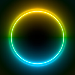 Multi-colored neon lamp on a black background. Halogen light. Simple figure.