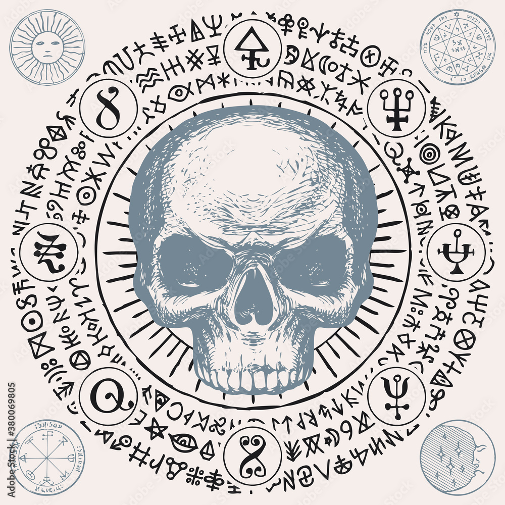 Wall mural illustration with a sinister human skull and magic symbols. hand-drawn vector banner with sun, moon 