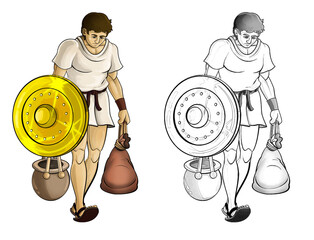 cartoon sketch scene with roman or greek ancient character warrior