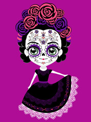 cute mexican catrina doll with traditional sugar skull make up for dia de muertos celebration. isolated on purple background