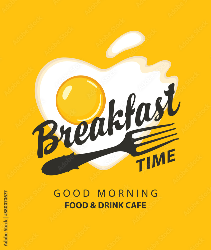 Poster breakfast banner or menu with a fried egg in the shape of a heart and a fork on a yellow background.