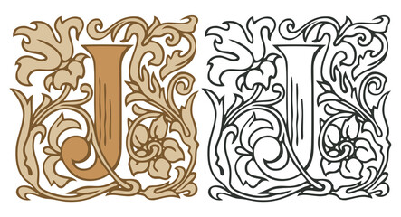 Initial letter J with vintage Baroque decorations. Two vector uppercase letters J in beige and black-white colors. Beautiful filigree capital letter to use for monogram, logo, emblem, card, invitation