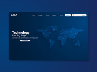 World map network technology landing page with world map, interface, vector