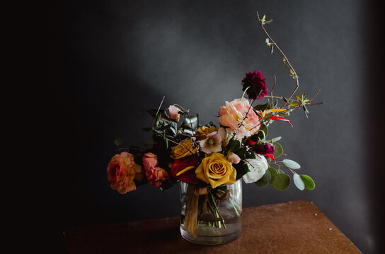 Still-life of a beautiful organic bouquet of versified flowers