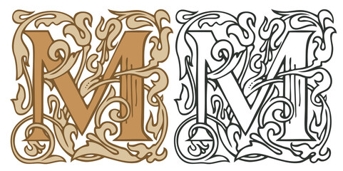 Initial letter M with vintage Baroque decorations. Two vector uppercase letters M in beige and black-white colors. Beautiful filigree capital letter to use for monogram, logo, emblem, card, invitation