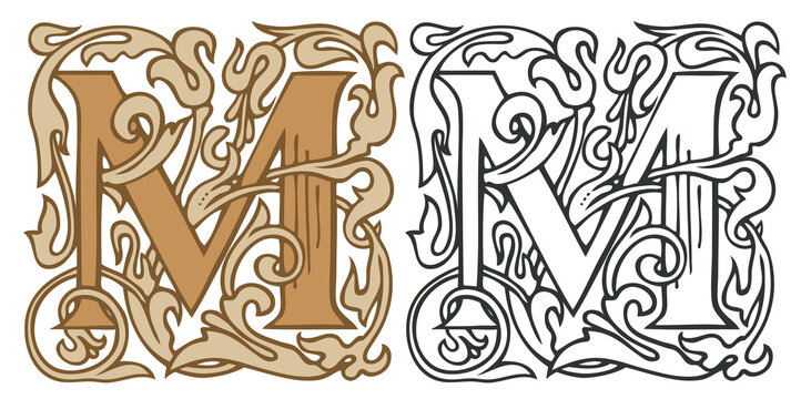 Initial letter M with vintage Baroque decorations. Two vector uppercase letters M in beige and black-white colors. Beautiful filigree capital letter to use for monogram, logo, emblem, card, invitation