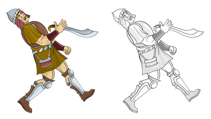 cartoon sketch scene with roman or greek ancient character warrior