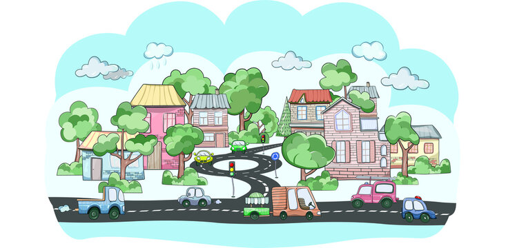 Cartoon vector cityscape illustration. Childish clipart with road, cars, trees, clouds, buildings. Can be used for kids poster, greeting card, tote bag, t-shirt, print. Cute style in pastel colors