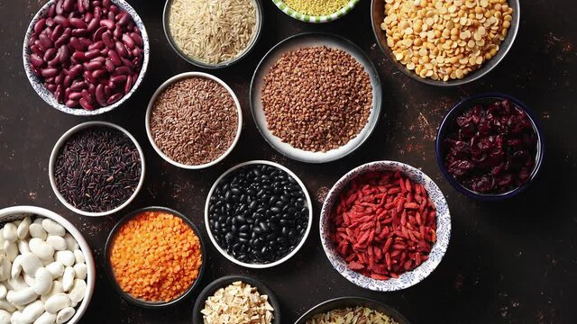 Various superfoods in smal bowls on dark rusty background