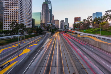 Fototapeta na wymiar Los Angeles evening skyline and traffic