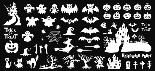 Set of silhouettes of Halloween on a black background. Vector illustration.