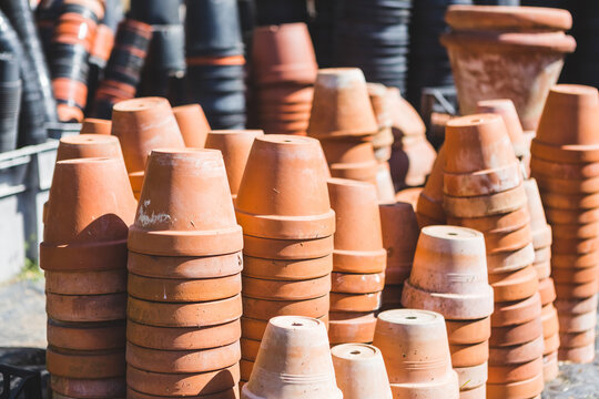 Small Terracotta Pots Stacked Outdoors