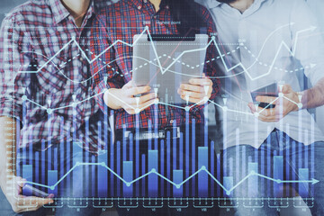 Double exposure of forex graph drawing and man and woman working together holding and using a mobile device. Trade concept.