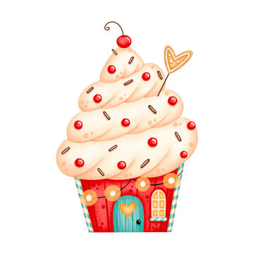 Illustration of cute cartoon red and green Christmas cupcake house isolated on white background