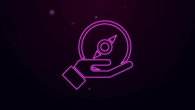 Glowing neon line Compass icon isolated on purple background. Windrose navigation symbol. Wind rose sign. 4K Video motion graphic animation.