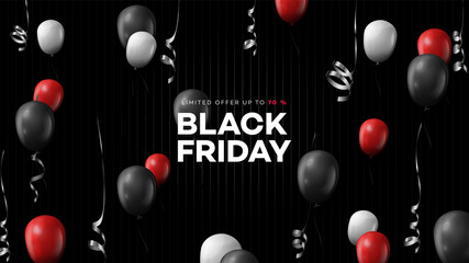 Black friday sale. Realistic background flying ballooons. Black friday banner. Dark background header for website