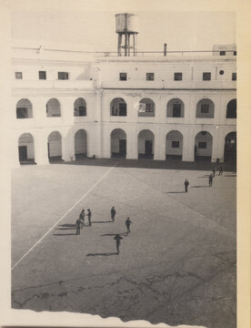 Old scanned photo of military barracks