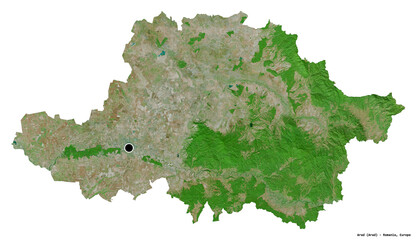 Arad, county of Romania, on white. Satellite