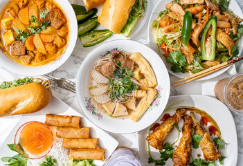 Vegan Vietnamese pho soup made with tofu and seitan. Traditional dishes from Vietnam made vegan without real meat using vegetables and meat-substitutes. Meat-free bahn mi, egg rolls, and soup.