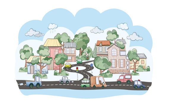 Cartoon cityscape illustration. Childish clipart with road, cars, trees, clouds, buildings. Can be used for kids poster, greeting card, tote bag, t-shirt, print. Cartoon cute style in pastel colors