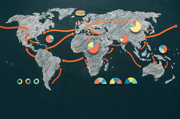World Map with arrows and charts