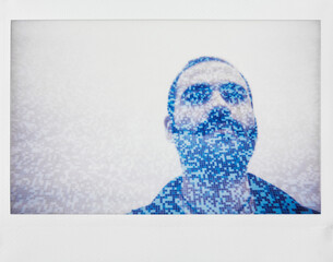 Double exposure of young man portrait and swimming pool